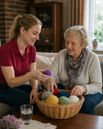 Symbolbild: Betreuerin und Seniorin sortieren gemeinsam Wolle