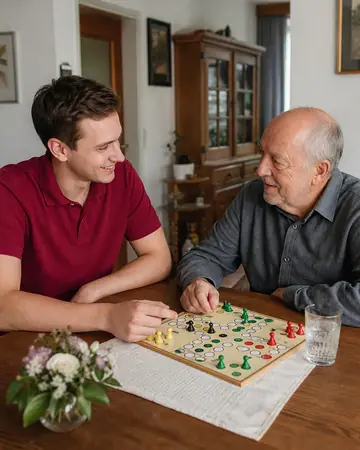 Symbolbild: Betreuer und älterer Herr spielen ein Brettspiel