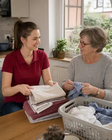 Symbolbild: Alltagshelferin und Seniorin legen gemeinsam Wäsche zusammen