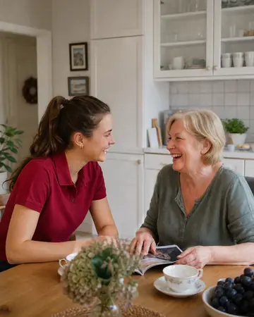 Symbolbild: Alltagshelferin und Seniorin lachen gemeinsam am Küchentisch