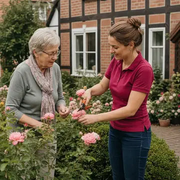 Symbolbild: Seniorin und Alltagshelferin schneiden Rosen im Garten