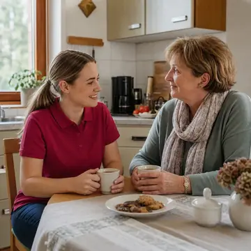 Symbolbild: Alltagshelferin und Seniorin trinken gemeinsam Kaffee