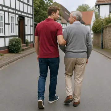 Symbolbild: Alltagshelfer und älterer Herr beim Spaziergang