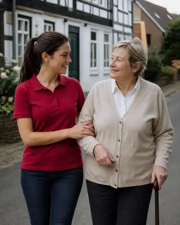 Symbolbild: Alltagshelferin begleitet eine Seniorin durch eine Straße mit Fachwerkhäusern