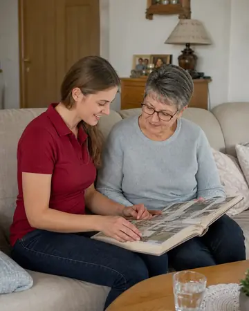 Symbolbild: Betreuerin und Seniorin schauen gemeinsam ein Fotoalbum an