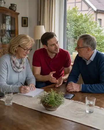 Symbolbild: Ehepaar notiert mit einem Mitarbeiter den Alltag für die Begutachtung
