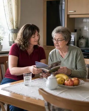 Symbolbild: Alltagshelferin und Seniorin lesen gemeinsam eine Broschüre