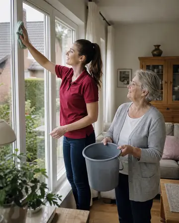 Symbolbild: Alltagshelferin putzt gemeinsam mit einer Seniorin das Fenster
