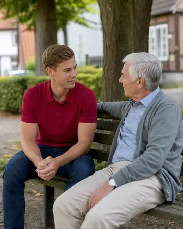 Symbolbild: Alltagshelfer und Senior machen eine Pause auf der Parkbank