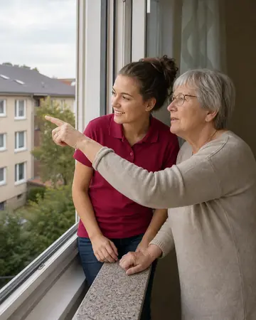 Symbolbild: Alltagshelferin und Seniorin schauen aus dem Fenster einer Stadtwohnung
