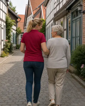 Symbolbild: Alltagshelferin und Seniorin beim Spaziergang durch eine Altstadtgasse