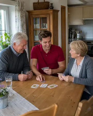Symbolbild: Alltagshelfer spielt mit einem Ehepaar Karten in der Küche