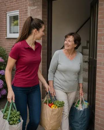 Symbolbild: Alltagshelferin und Seniorin tragen die Einkäufe ins Haus