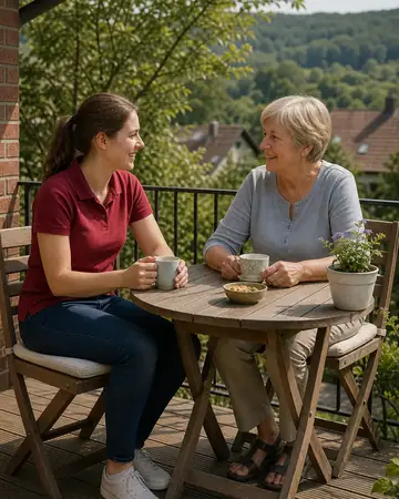 Symbolbild: Alltagshelferin und Seniorin trinken Kaffee auf der Terrasse