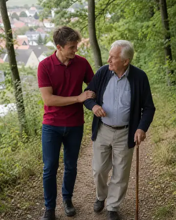 Symbolbild: Alltagshelfer begleitet einen Senior auf einem Waldweg