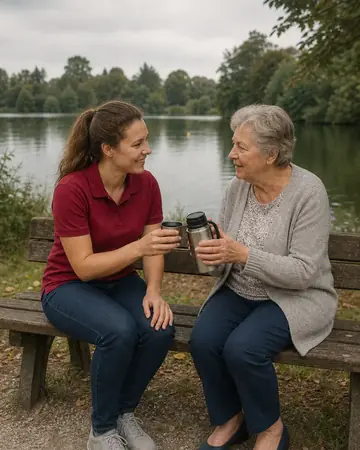 Symbolbild: Alltagshelferin und Seniorin machen eine Teepause am See
