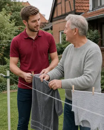 Symbolbild: Alltagshelfer hilft einem Senior beim Wäscheaufhängen